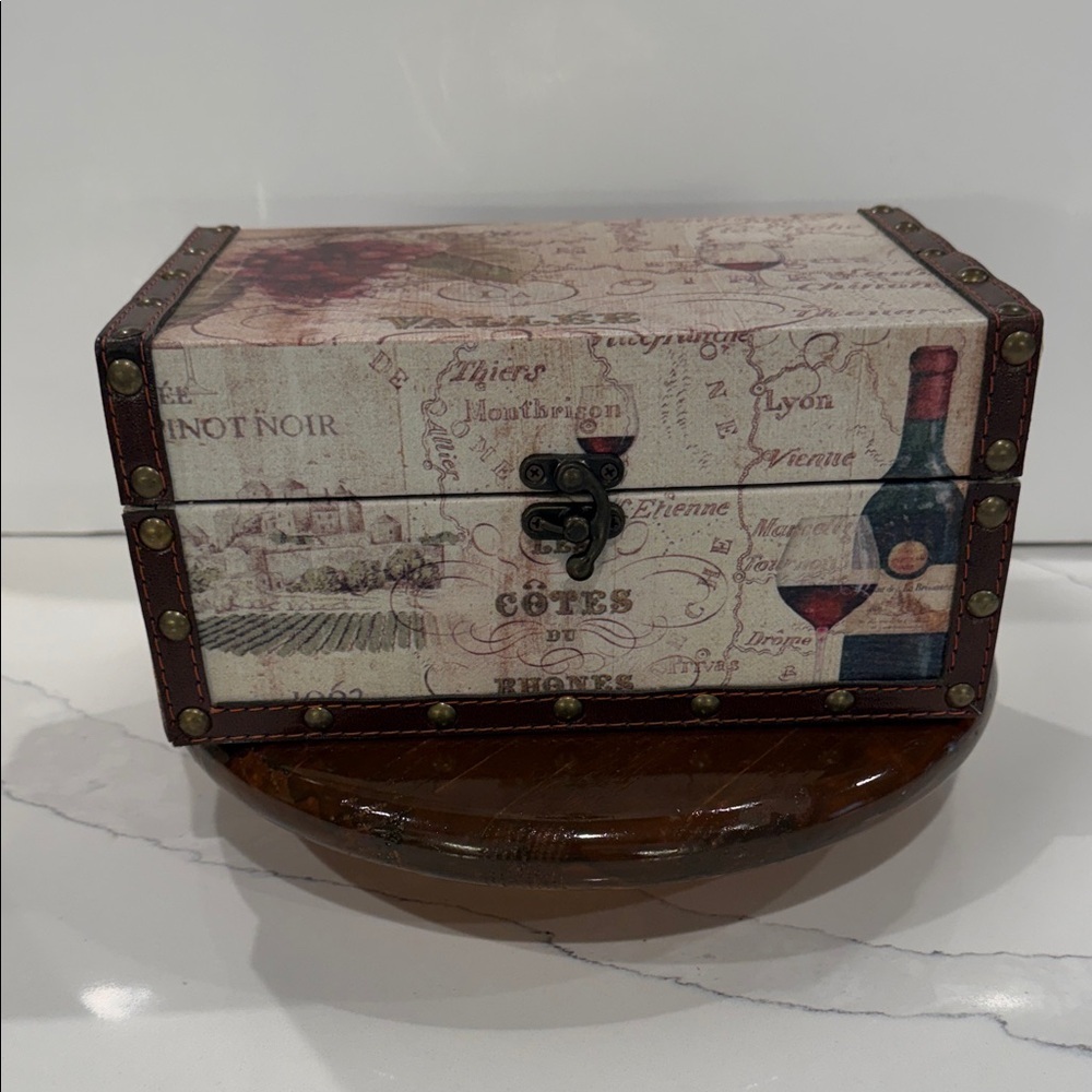 France Wine Country-Themed Decorative Wooden Storage Box, Faux Leather Straps